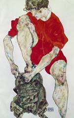 Motief Schiele - Model in rode jasje en broek